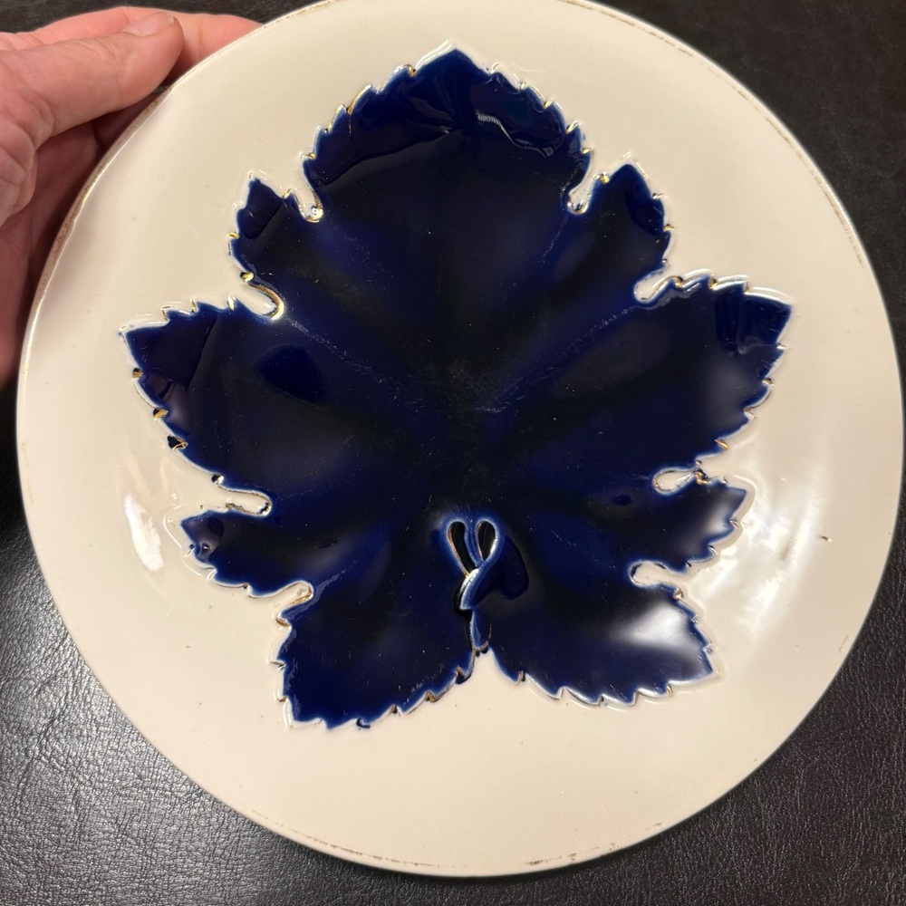 Vintage Blue and Cream Ceramic Plate With Maple Leaf Design